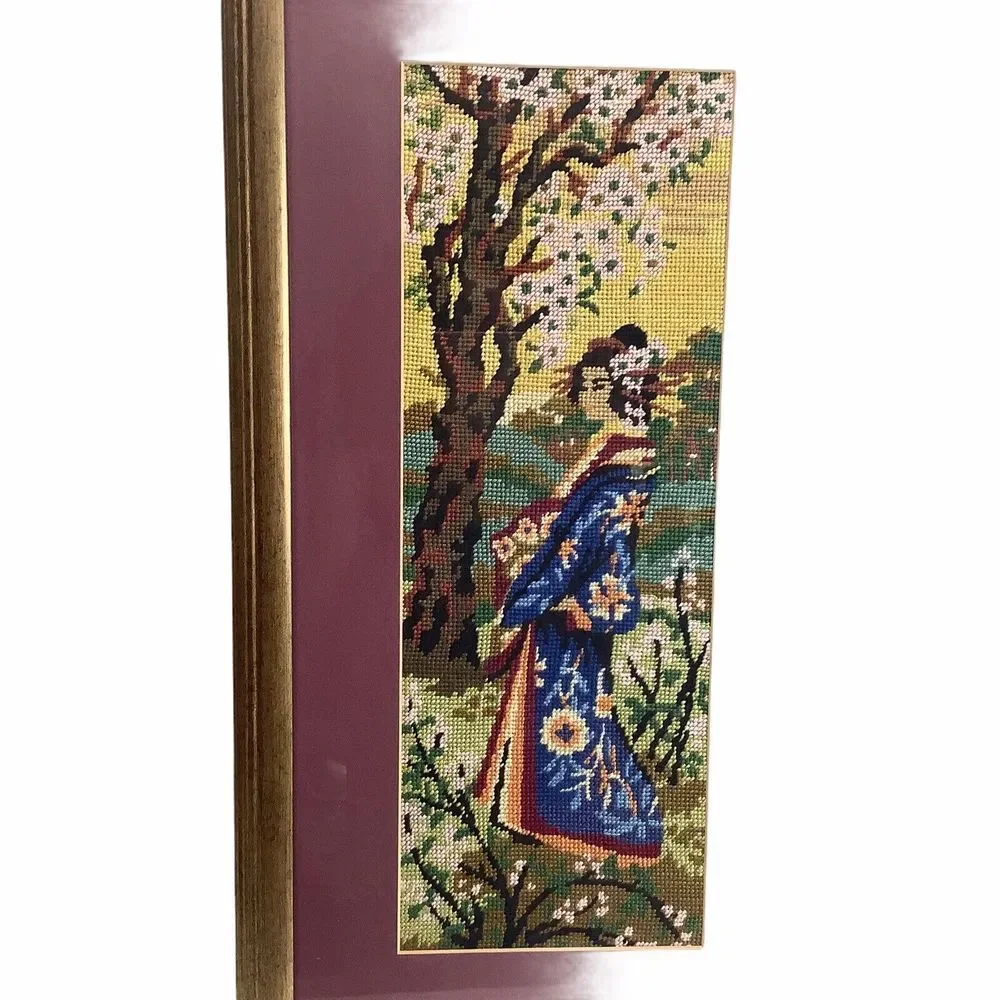 Japanese GEISHA Girl Embroidered Needlepoint Picture Framed 25 x 13.5‎ in Vtg